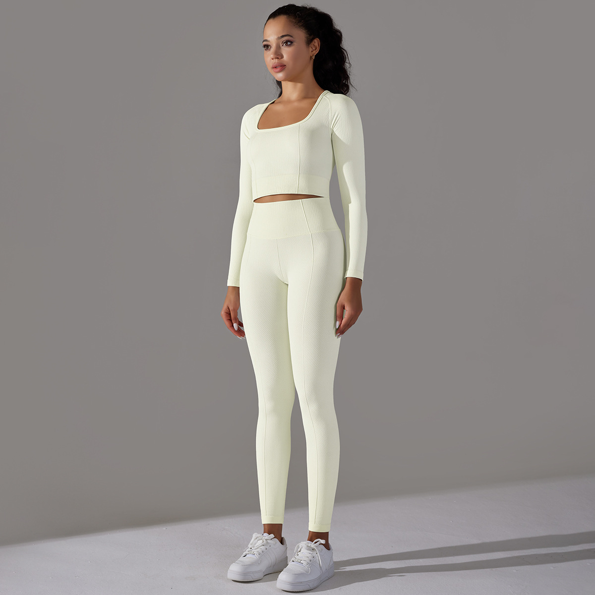 Rochie de yoga Jacquard pentru femei, cu mânecă lungă, talie înaltă, colanți de șold, îmbrăcăminte sport pentru fitness_voghion.com