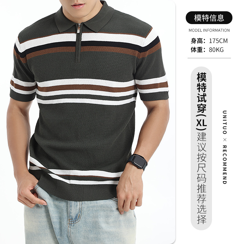 Europa y Estados Unidos polo transfronterizo ligero comercial casual a rayas con solapa papá verano camisa de punto de manga corta polo hombre