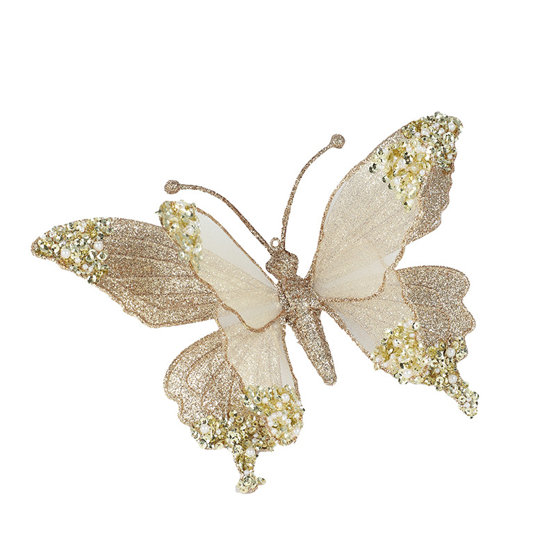 Nuevos productos transfronterizos, malla de simulación de color, brillo, mariposa, libélula, polvo pegajoso, colgante decorativo con clip de Navidad de perlas