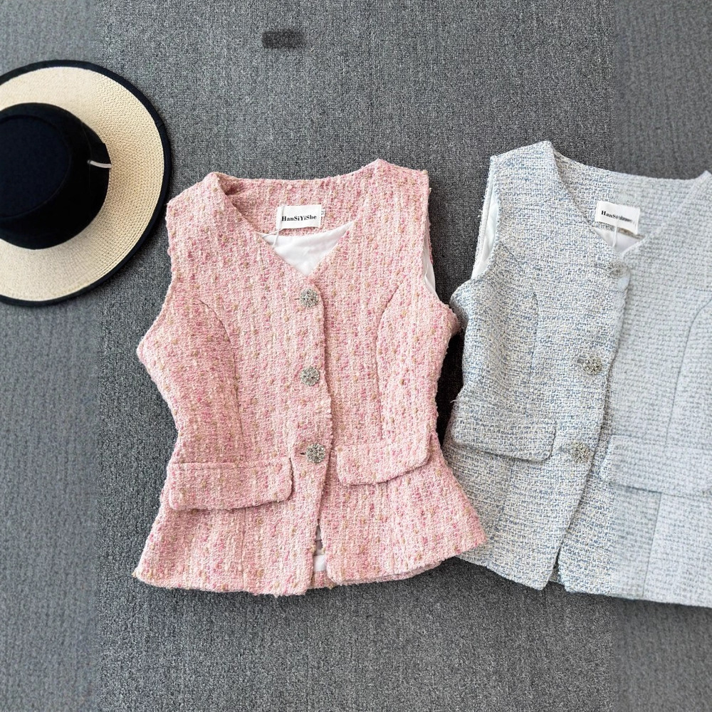 Carefully Selected Pink Small Fragrant V Neck Vest for Summer Women's High-End Small Braided Elegant Sleeveless Vest