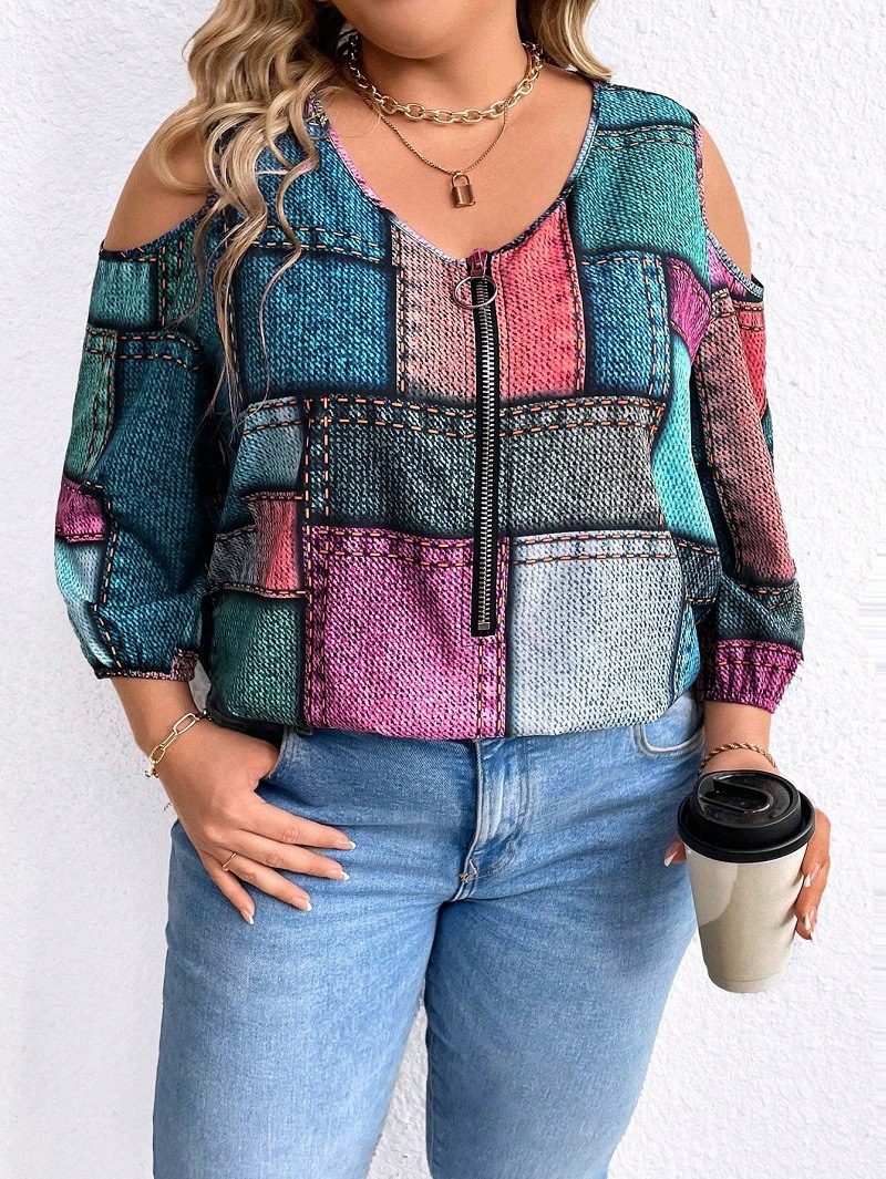 Europa y los Estados Unidos ropa de mujer de tamaño grande otoño y invierno moda nueva cremallera de manga larga decoración de hombro abierto impresión a cuadros suelta chaqueta diaria image 1