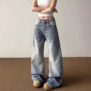 大码美式复古竹节纹水洗弯刀牛仔裤男女2025新款宽松休闲直筒长裤