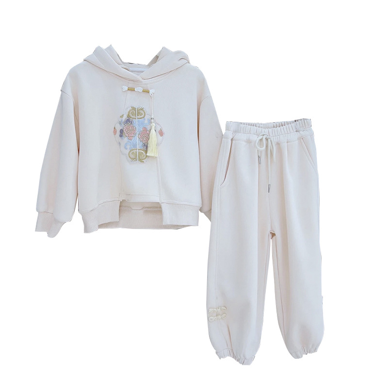 소녀의 봄과 가을 국가 스타일 세트 2024 새로운 중국 스타일 스웨트 셔츠 서양식 중대형 어린이 소녀 2 피스 트렌디 바지