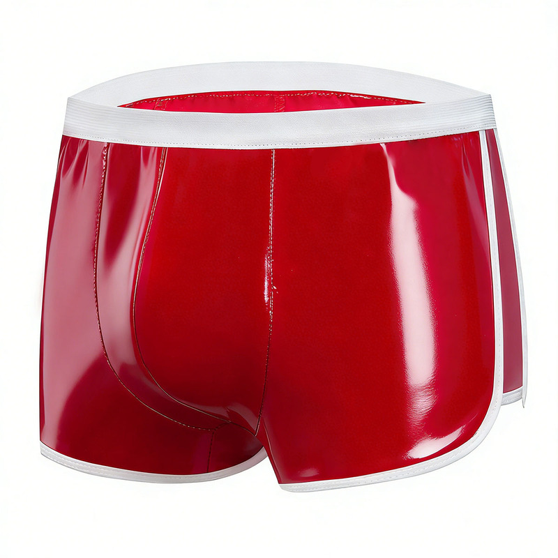Cross-Border Products Men's Pvc Shiny Leather Boxer Shorts Red and White Color-Blocking Design Leather Shorts Accurate Sizing Cross-Border Products Men's Pvc Shiny Leather Boxer Shorts Red and White Color-Blocking Design Leather Shorts Accurate Sizing