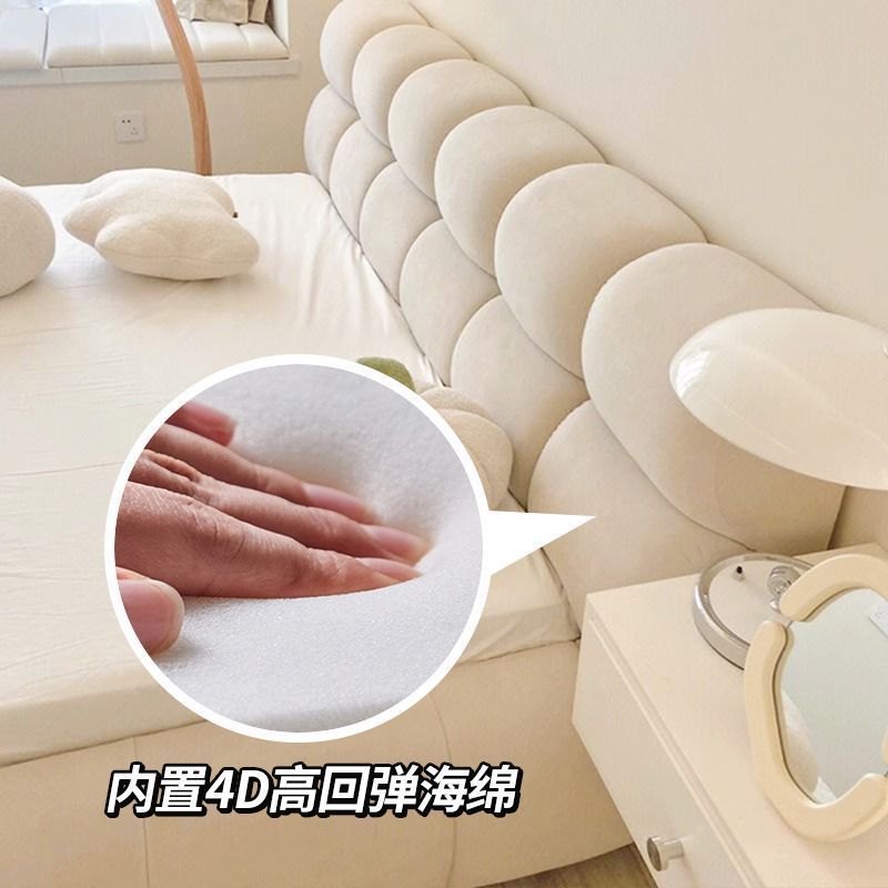 网红实木床皮床双人床奶油系主卧大床奶油风轻奢现代简约泡芙床