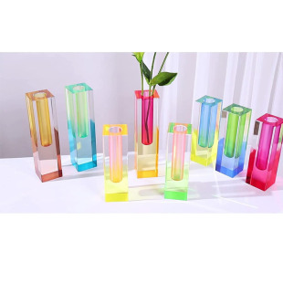 Creative Simple Nordic ins Acrylic Color Vase Square Column Glass Bubble Flower Apparatus with Dried Flowers for Hydroponics