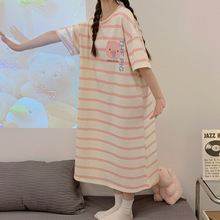 2024年夏季胖MM200斤大码睡裙女韩版条纹宽松睡衣粉色短袖中裙