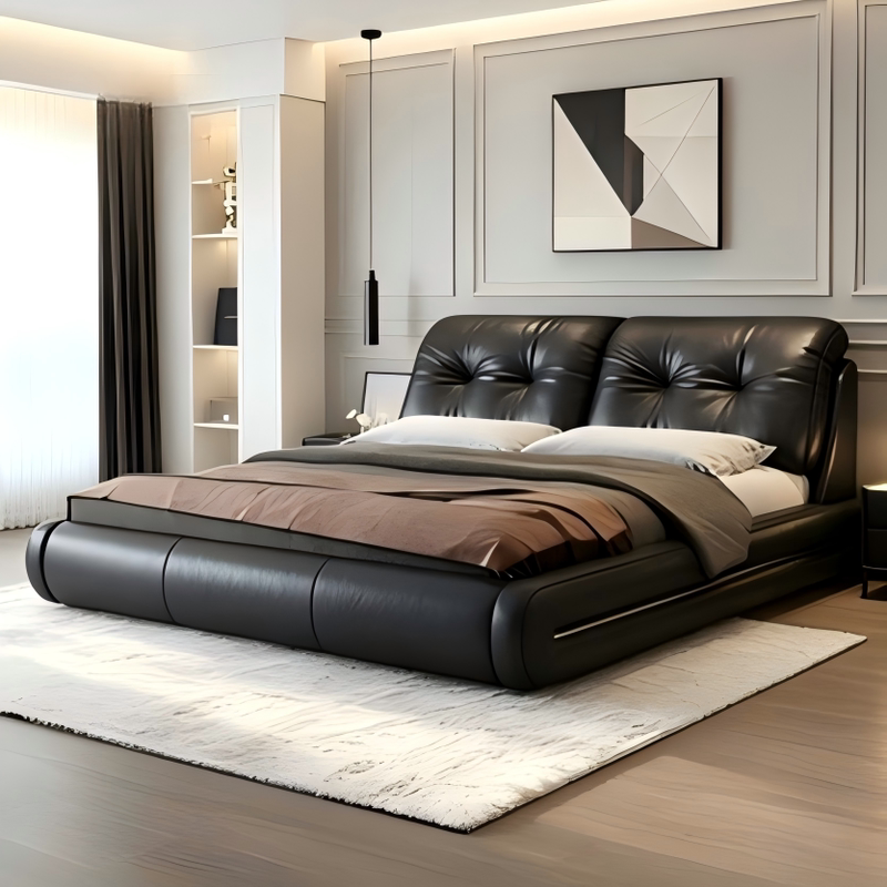 Italian-Style Light Luxury Double Master Bedroom with Built-In Leather Headboard and Simple Soft Upholstery. High Box Storage Bed