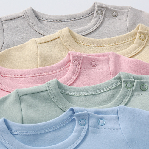 Spring and Autumn infants and young children pure color shoulder button long-sleeved harem clothes for men and women baby cotton one-piece long-legged rompers factory direct sales