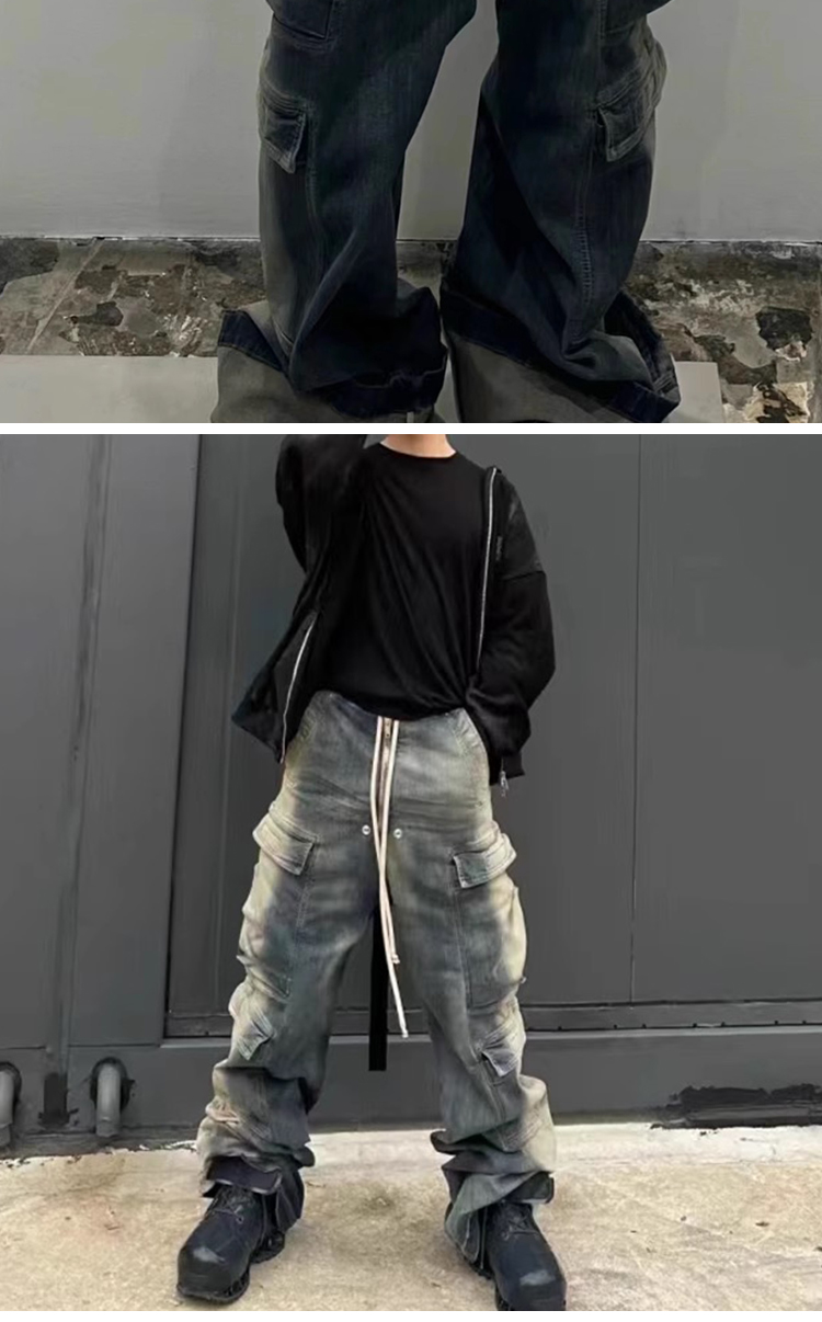 Men's Clothing VINTAGE GARC niche trendy brand RO style wide leg multi pocket flared distressed jeans men's vibe cotton_voghion.com