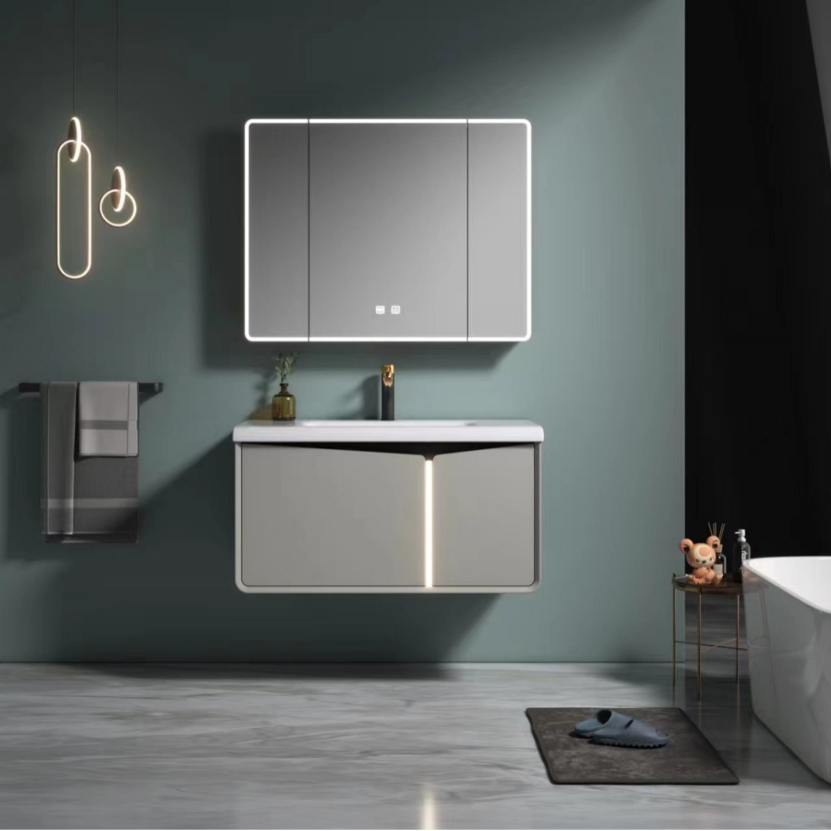 Cielo estrellado gris moderno simple cosmético espejo gabinete de baño directo de fábrica Baño de cerámica integrado lavabo