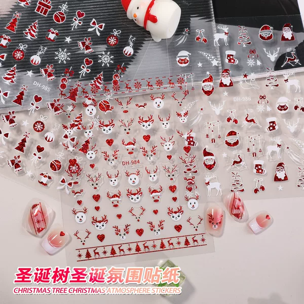 Cross-Border New Christmas Series Nail Art Stickers Light Luxury Hot Stamping Silver Christmas Tree Elk Santa Claus Nail Accessories