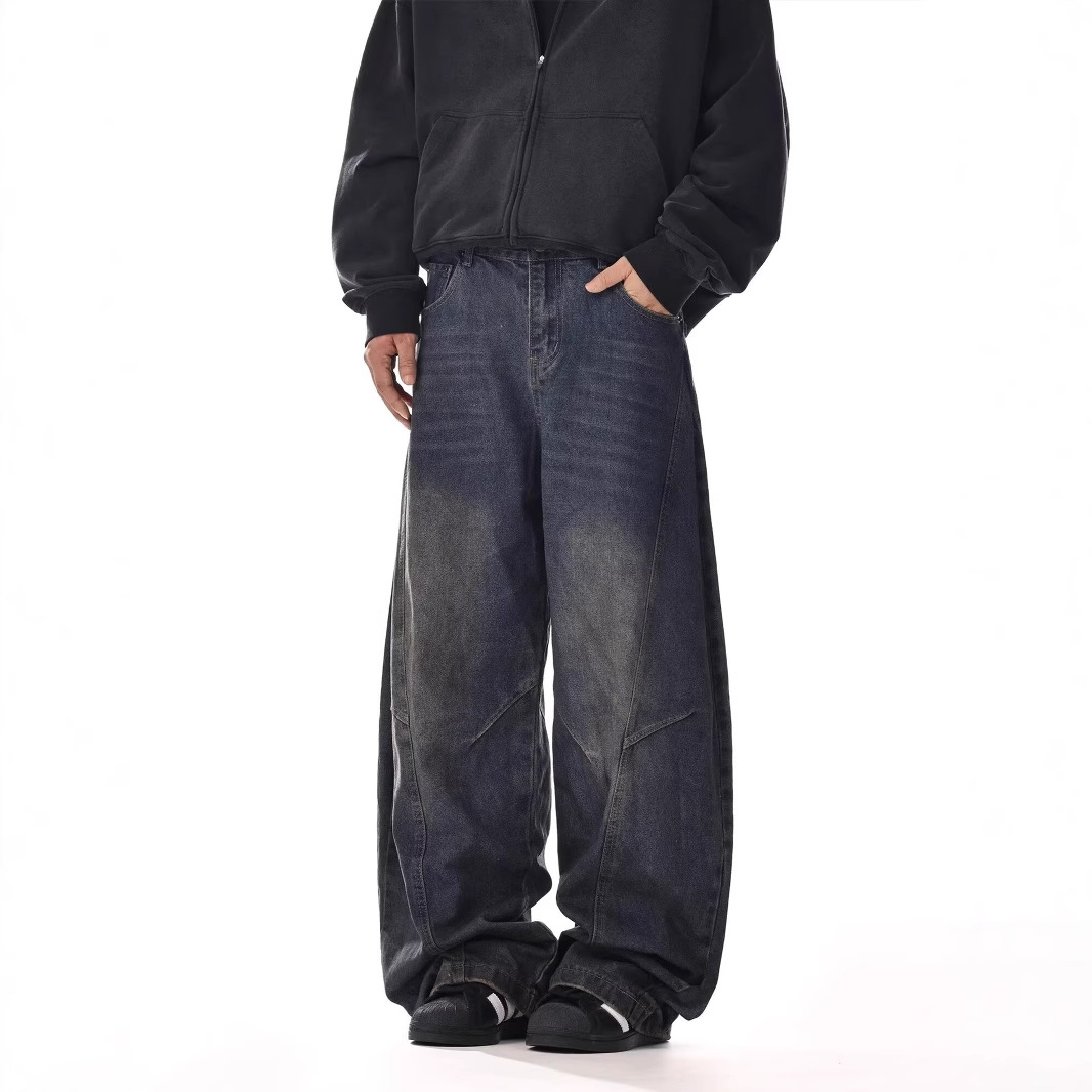 Vintage Washed Deconstructed Scimitar Jeans Men's and Women's Loose Straight American Casual Wide Leg Baggy Trendy Mop Pants