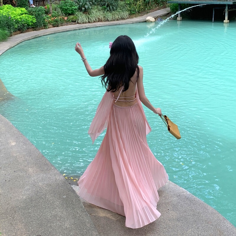 Real Shot of Pink Seaside Vacation Long Dress, Goddess Outfit for Photo Shoot, Large Swing, Elegant Fairy Suit Skirt for Women