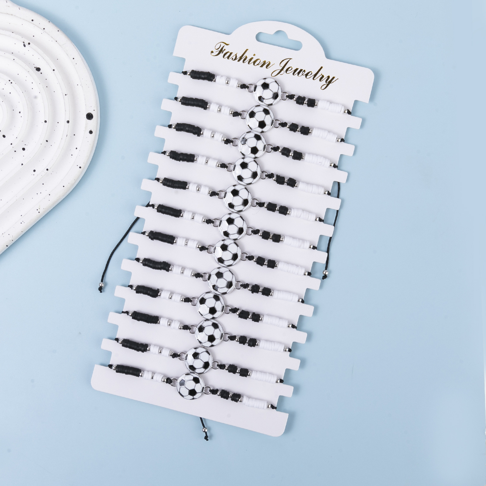 Cross-border New Black and White Personality Sports Football Weaving 12 Bracelets suit European and American Handmade Beaded Jewelry