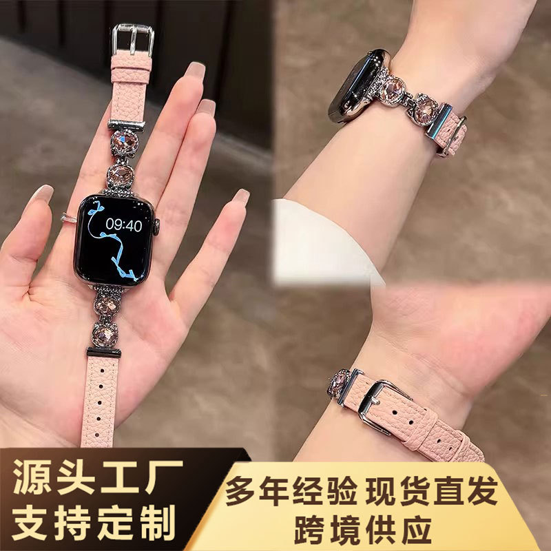 [Factory Direct Sales] Suitable for Applewatch Apple Watch Strap Kt Cat Diamond-Encrusted Pebbled Leather Wristband