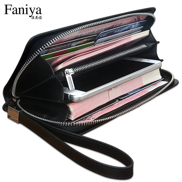 Guangzhou Fanya men's wallet long zipper leather multi-functional handbag cowhide card holder clutch wallet