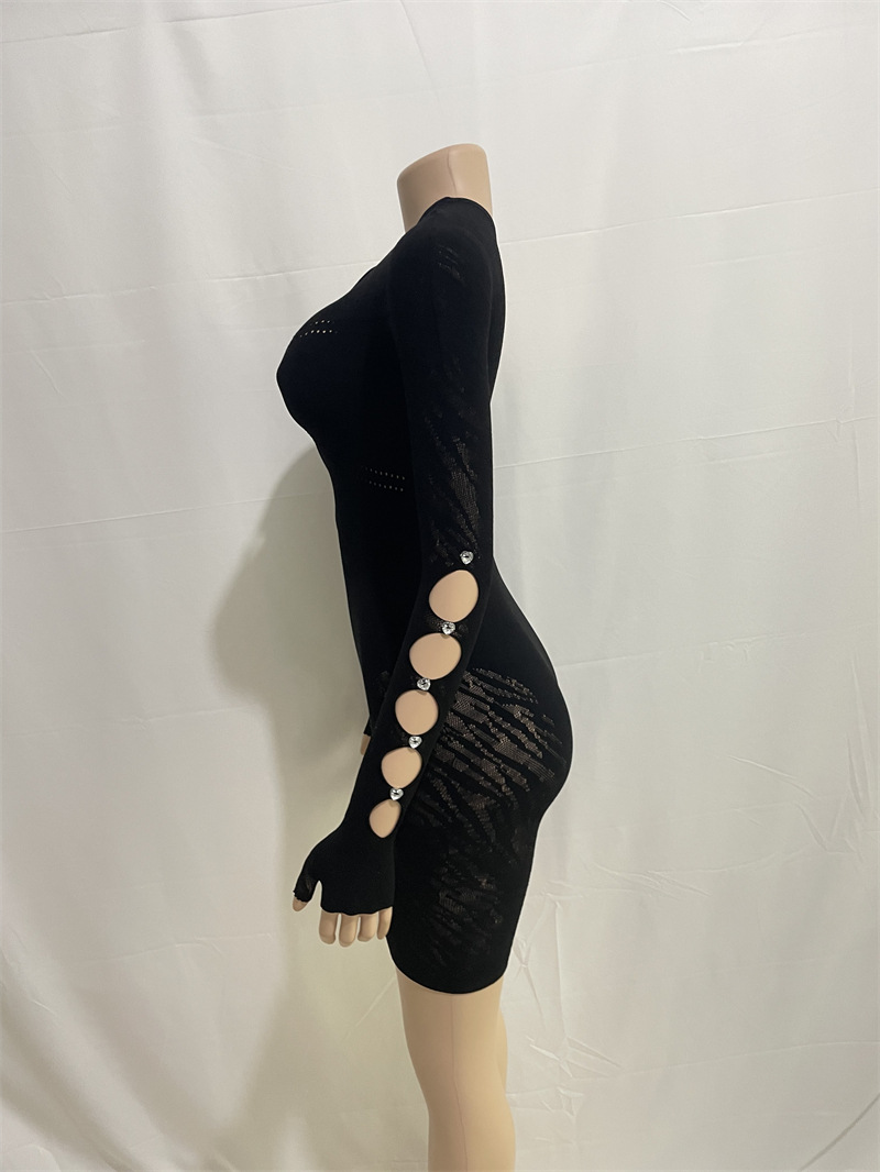 Solid Color Diagonal Shoulder Long Sleeve Diamond Hollow Out Cutout Sexy Slim Fit Romper