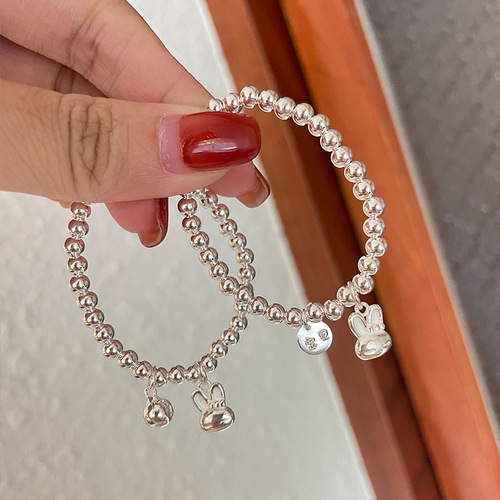 Children's silver bracelet Korean S925 cute round bead bunny bell DIY matching engraved anti-loss bracelet accessory