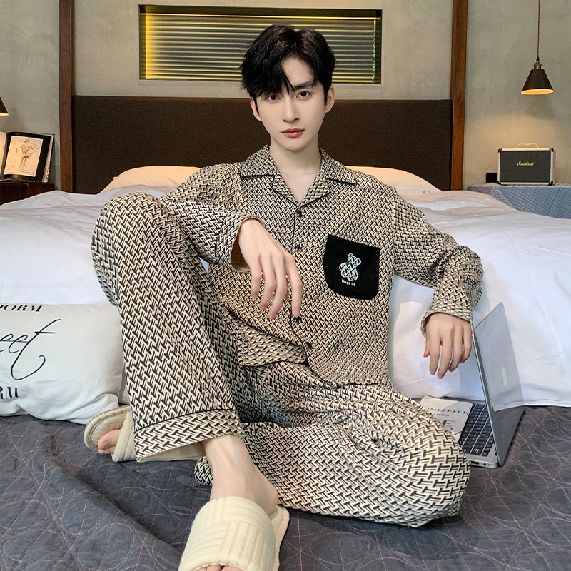 (2개) 봄과 가을면 니트 남성용 잠옷 세트 캐주얼 심플 패션 관대 한 긴 소매 바지 가디건 홈 의류