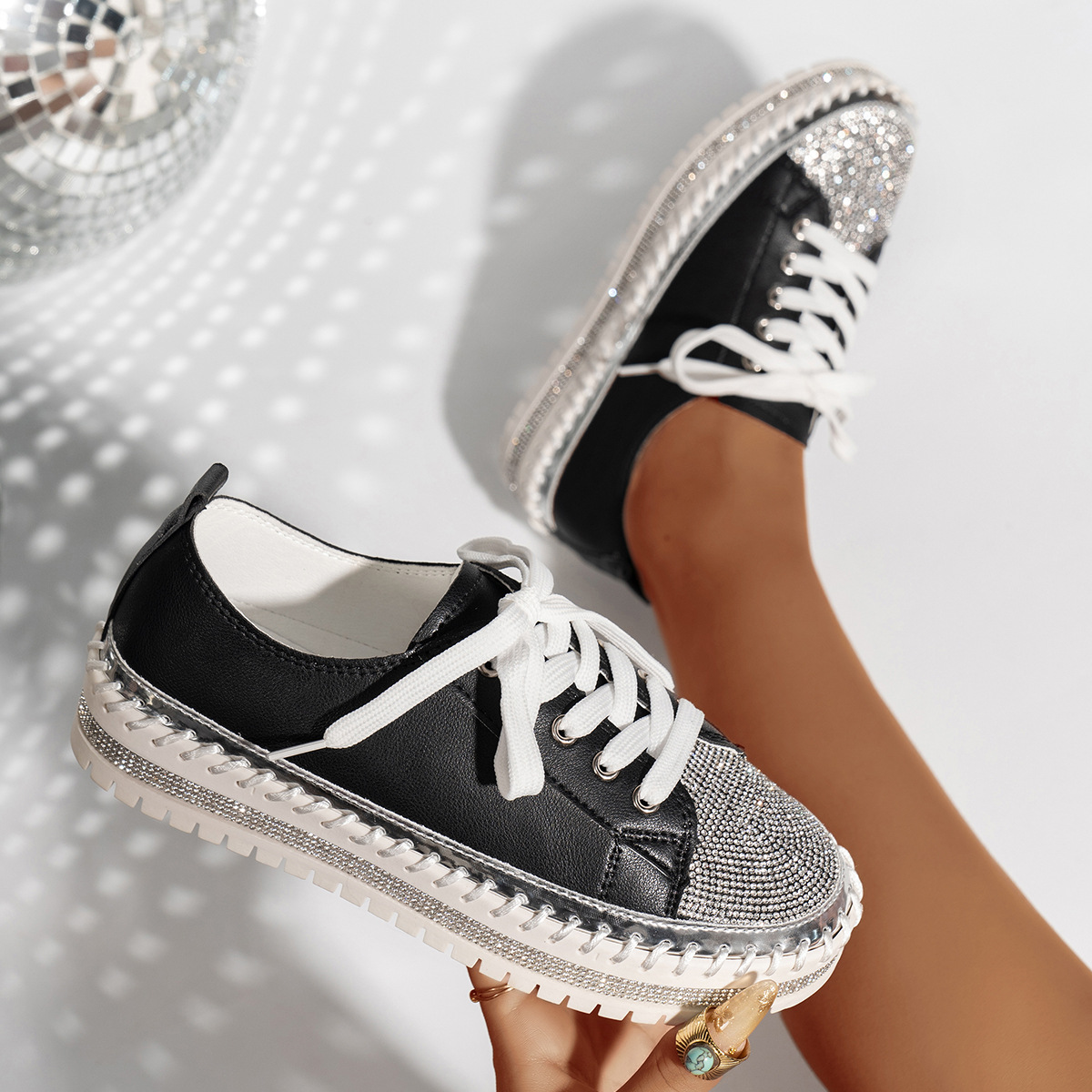 Cross-Border Export 2025 New Fashion Large Size Thick-Soled Flats for Women Autum Platform Rhinestone Round-Toe Loafers