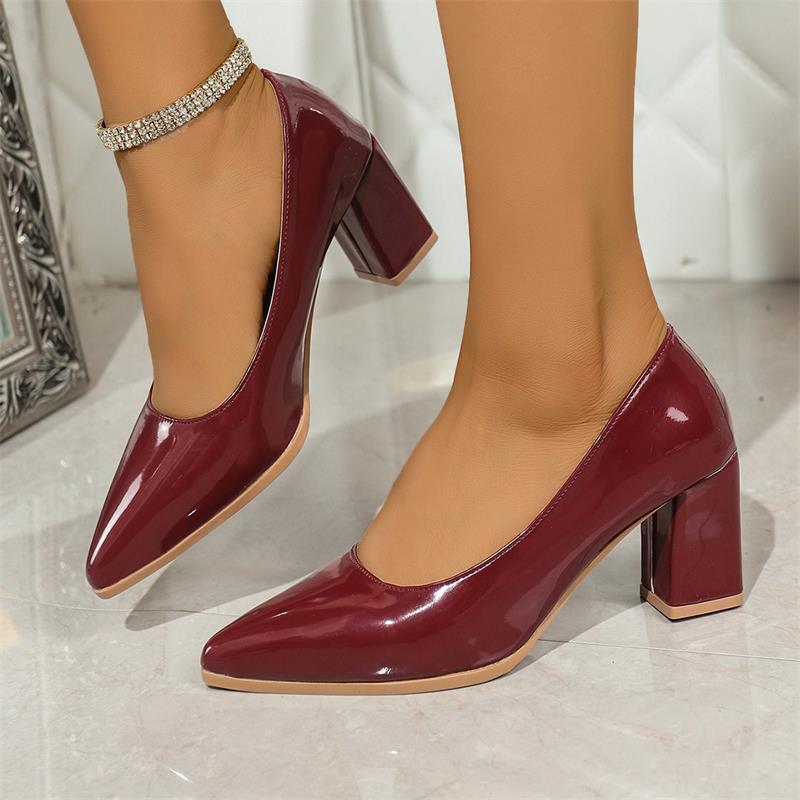 Cross-Border Large Size Bright-Colored High-Heeled Shoes 2026 Spring New European and American Style Pointed Toe Shallow Mouth Chunky Heel Single Shoes Commuter Leather Shoes for Women