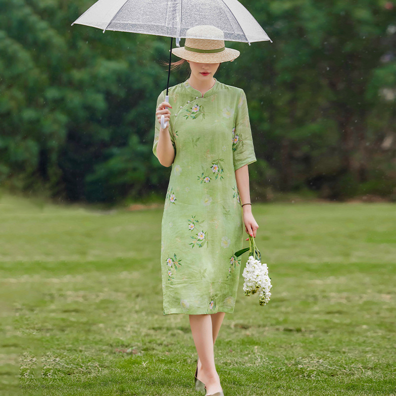 Artistic printed Ramie cheongsam modified diagonal stand collar retro dress summer half sleeve green one-step skirt for women