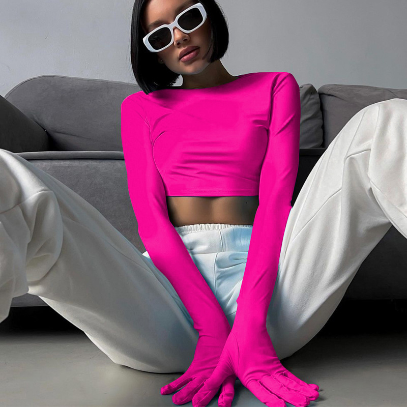 Damen 2024 Sommer Neue Mode Einfarbig Slim Fit Offene Nabelschnur Rundhals Langarm Handschuh T-Shirt Top_voghion.com