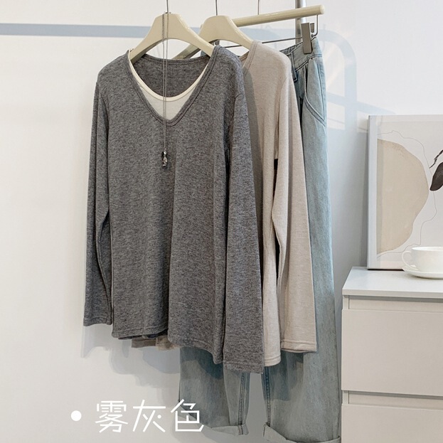 Fake Two-piece Long-sleeved Knit Base Shirt Women's 2024 Spring and Autumn V-neck Slimming Loose Dancing Clothes Practice Yoga Clothes