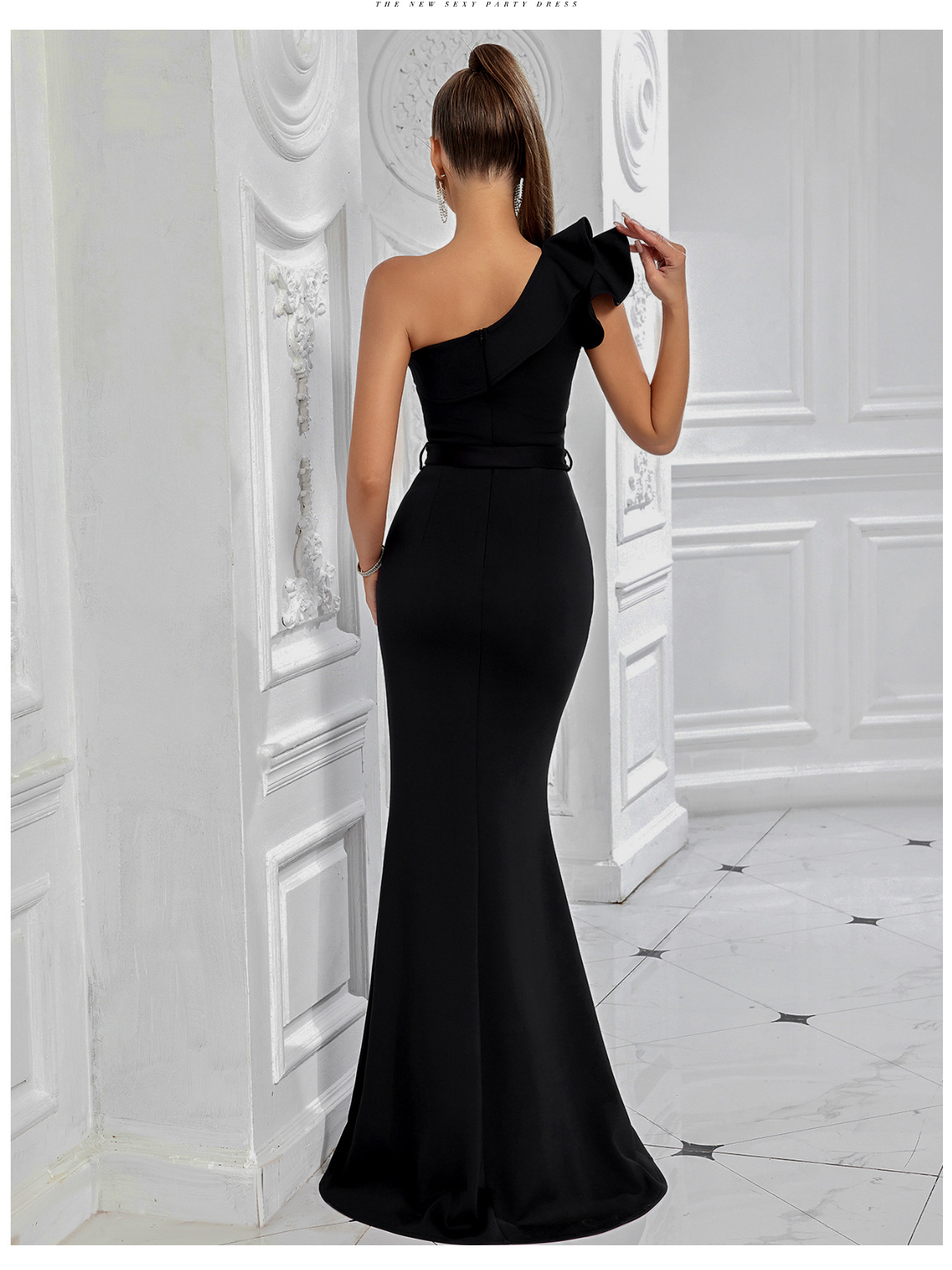 Amazon Celebridades europeas y americanas temperamento modelo sexy modelo vestido de coche hoja de loto vestido de noche largo delgado de un solo hombro image 3