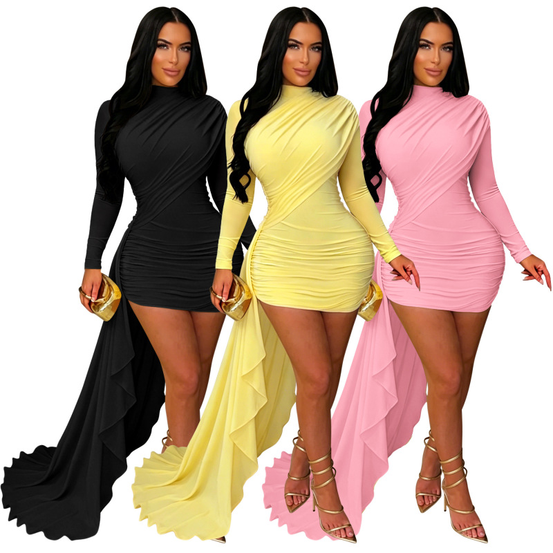 11132 Sexy Solid Color Evening Short Dress, Half High Collar, Long Sleeves, Pleated Side with Flowing Tulle, Customizable 11132 Sexy Solid Color Evening Short Dress, Half High Collar, Long Sleeves, Pleated Side with Flowing Tulle, Customizable