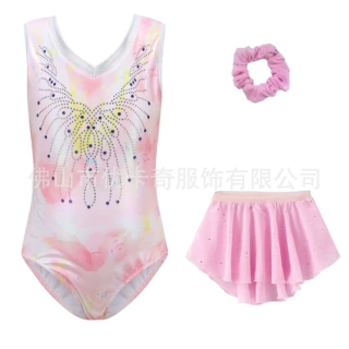 儿童体操服烫钻女童芭蕾舞练功服纱裙头花中国舞考级服舞蹈连体衣
