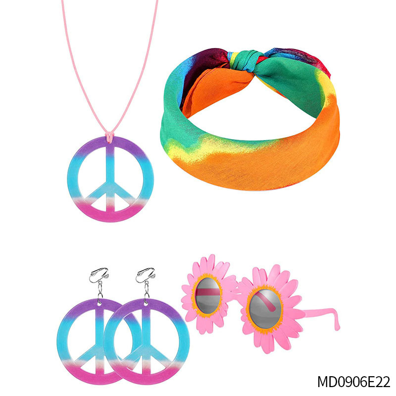 Accesorios de vestir hippies de la década de 1960, diadema de girasol, gafas redondas, conjunto de aretes de collar de talismán de paz