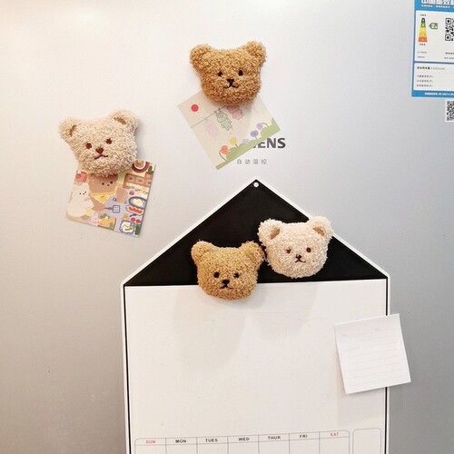 Korean style ins style plush embroidered bear head cute magnetic three-dimensional refrigerator magnet soft magnet decorative message sticker