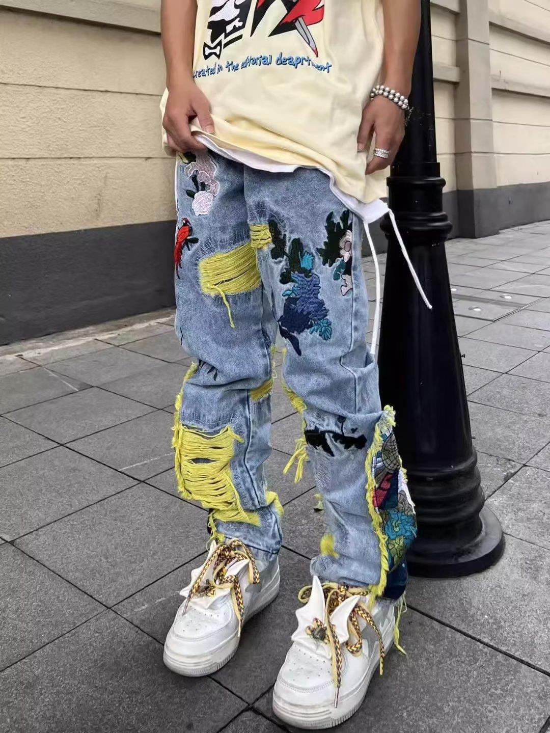 Heavy Embroidered Ripped Jeans American Hong Kong Style Street Fashion for Men And Women mid Waist Straight Pants Blue Long Brushed_voghion.com