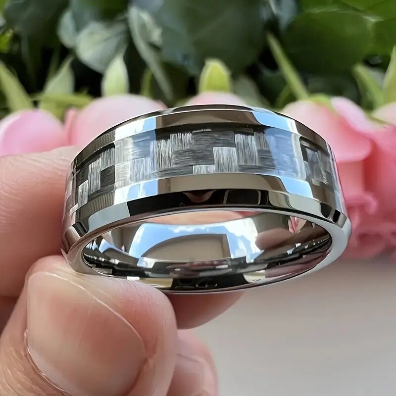 Cross-Border Popular Stainless Steel Personalized Fashion Inlaid Gray Carbon Fiber Ring 8mm Steel Color Beveled Gray Carbon Fiber