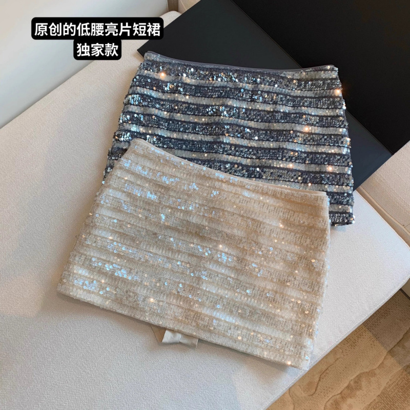 Casual All-match Striped Sequin Skirt Women's Autumn New Low Waist Hip Skirt Elegant apricot A- line Skirt