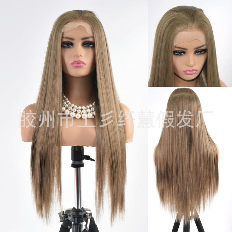 Hand Hook Wig Front Lace Light Green Brown Women's Long Straight Hair High Temperature Matte Chemical Fiber Wire Headgear Cos Manufacturer Wholesale Hand Hook Wig Front Lace Light Green Brown Women's Long Straight Hair High Temperature Matte Chemical Fiber Wire Headgear Cos Manufacturer Wholesale