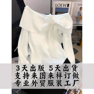 一字露肩蝴蝶结长袖T恤早秋新款修身显瘦打底上衣定制韩版修身