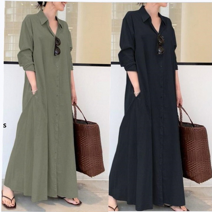 2026 Spring and Autumn New European and American Style Solid Color Lapel Long Sleeve Pocket Simple Loose Casual Long Shirt Dress 2026 Spring and Autumn New European and American Style Solid Color Lapel Long Sleeve Pocket Simple Loose Casual Long Shirt Dress