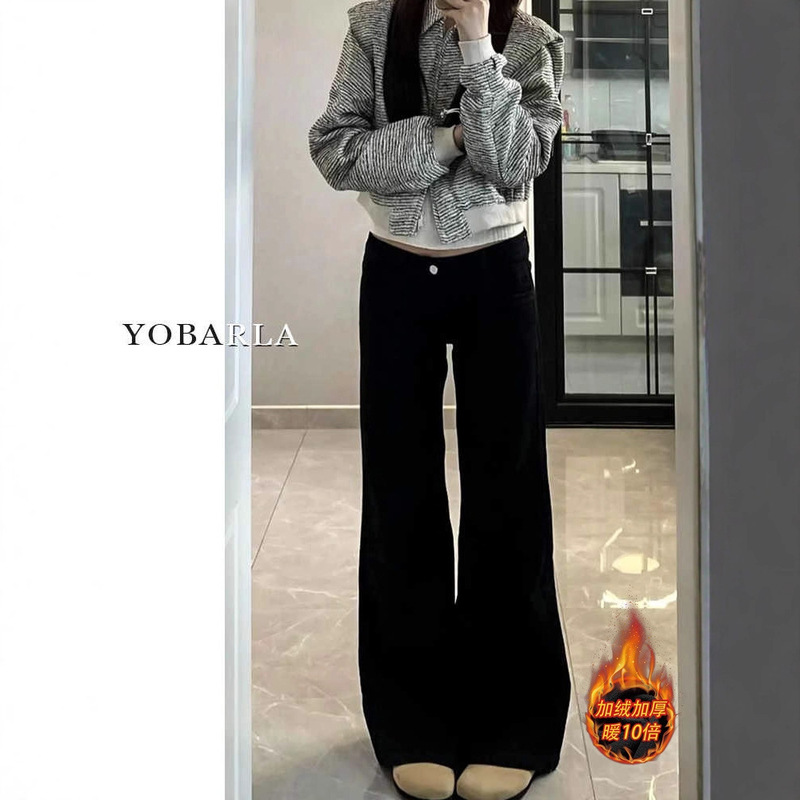 Black Flared Jeans for Women, Autumn and Winter, Fleece-Lined, Plus Size, Elastic, Slimming, Pear-Shaped Body, Wide-Leg Bootcut Pants