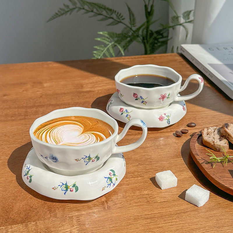 跨境热卖ins风 陶瓷高脚花朵咖啡杯碟小众下午茶碎花拿铁杯高颜值|undefined