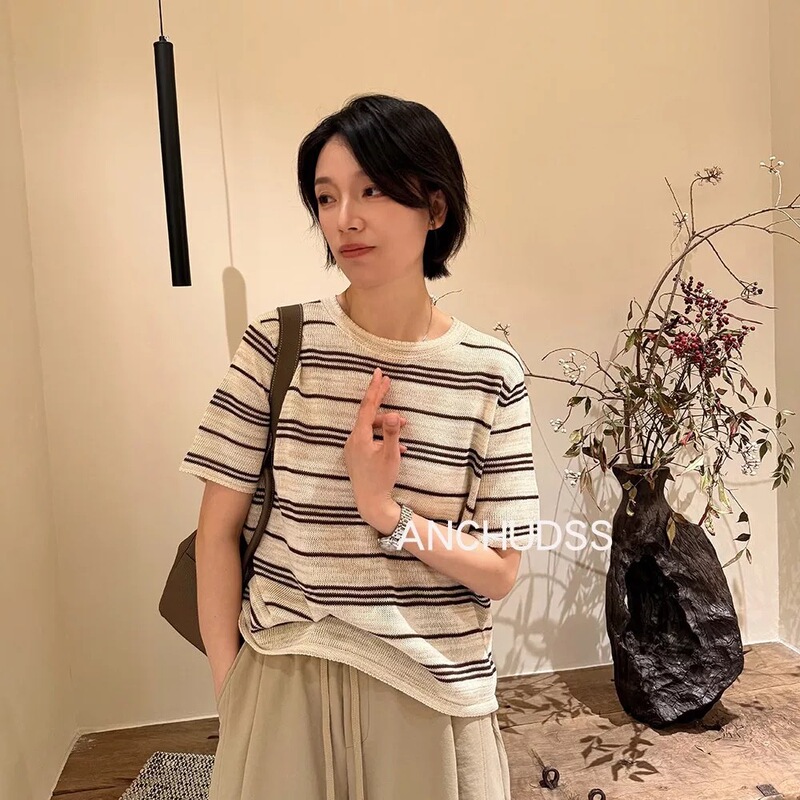 Holiday Sailor Shirt Japanese Washi Special Dyed Yarn Linen-Feel Short-Sleeve T-Shirt Summer New Style Km55196 Holiday Sailor Shirt Japanese Washi Special Dyed Yarn Linen-Feel Short-Sleeve T-Shirt Summer New Style Km55196