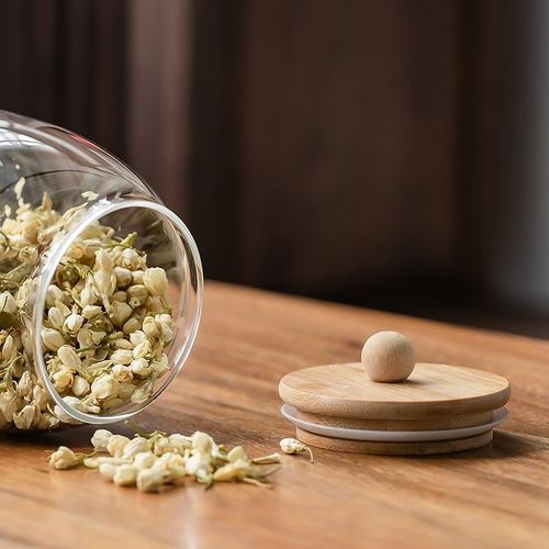 Transparent glass grain storage jar, high borosilicate glass sealed jar with bamboo and wooden cover, round wooden pearl triangle tea jar