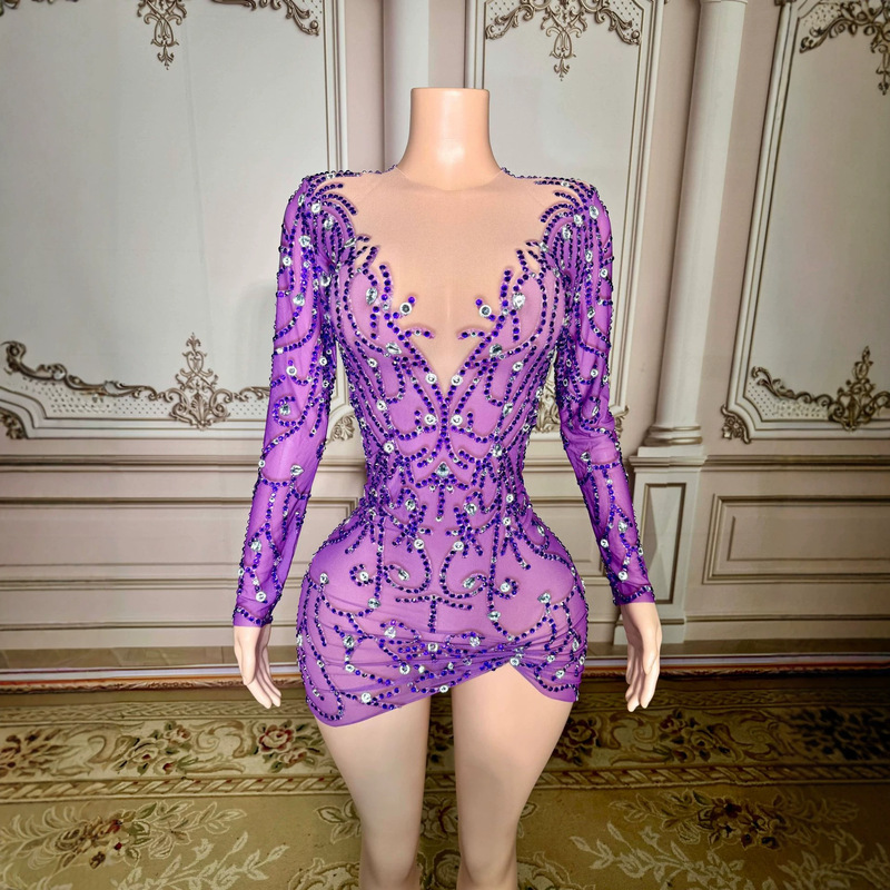 Purple Handmade Rhinestone-Embellished Sexy Long-Sleeve Fitted Short Dress for Cocktail Parties, Evening Wear, High-End Birthday Gown for Socialites