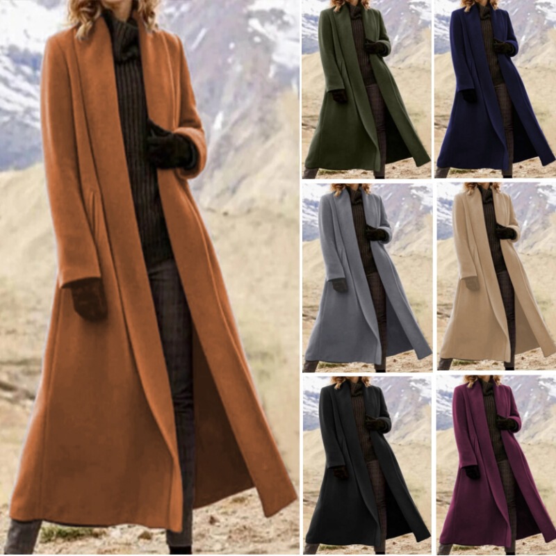 Cross-border women's clothing European and American ultra-long coat extra large coat casual woolen trench coat