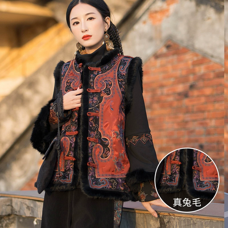 Женский теплый жилет в этническом стиле, осенне-зимний новый атласный сверхпрочный жилет с вышивкой из меха кролика и хлопка, верхний жилет