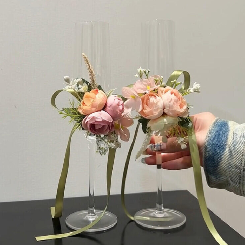 婚礼敬酒杯diy仿真花香槟杯高颜值装饰品创意闺蜜结婚礼物高脚杯|undefined