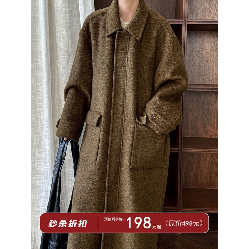 Luxi 100% Wool Lapel Zipper Double-Sided Woolen Coat for Women with a Stylish Silhouette and Double Patch Pockets, Long Coat 5092