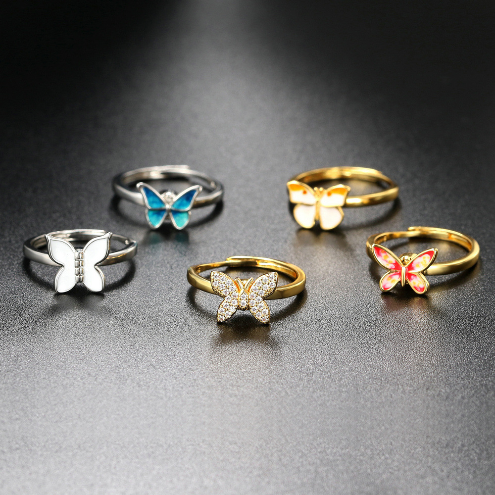 Fashion Butterfly Copper Enamel Plating Inlay Zircon Open Ring 1 Piece